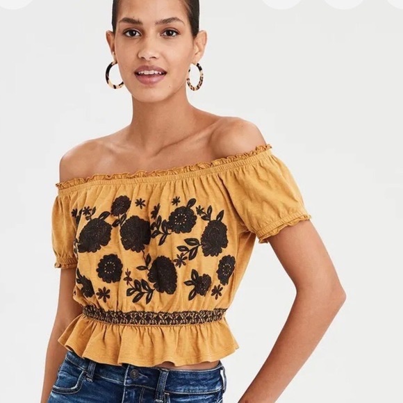 American Eagle Outfitters Tops - AE off the shoulder embroidered tee mustard yellow